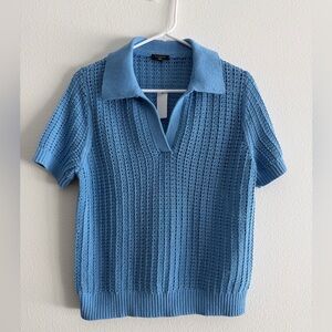 Talbots Pointelle Stitch Cotton Blend Blue Polo Sweater